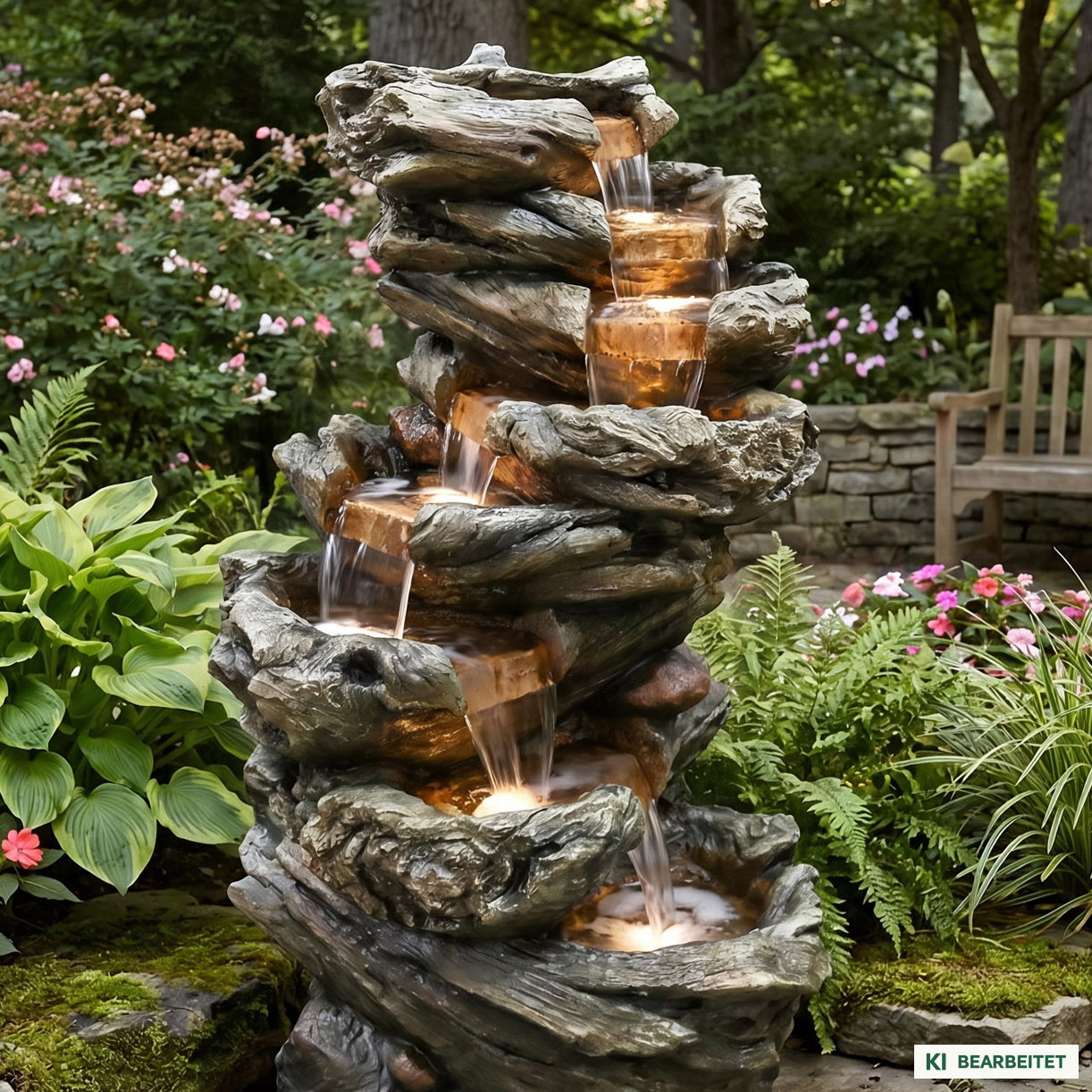 Gartenbrunnen mit Warmlicht, Echtholzoptik, 61 x 45 x 102 cm