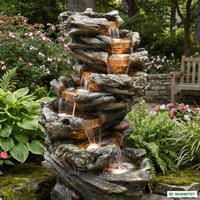 Gartenbrunnen mit Warmlicht, Echtholzoptik, 61 x 45 x 102 cm