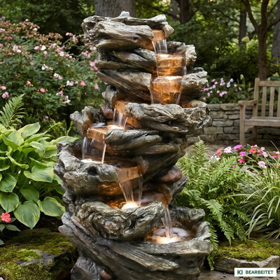 Gartenbrunnen mit Warmlicht, Echtholzoptik, 61 x 45 x 102 cm