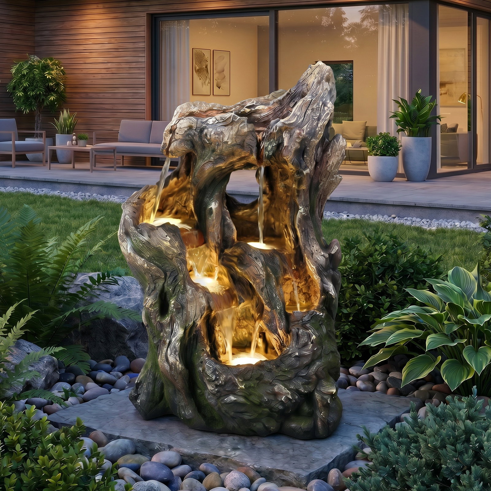 Polyresin Brunnen inkl. Pumpe, warmlicht, 38 x 34 x 54 cm