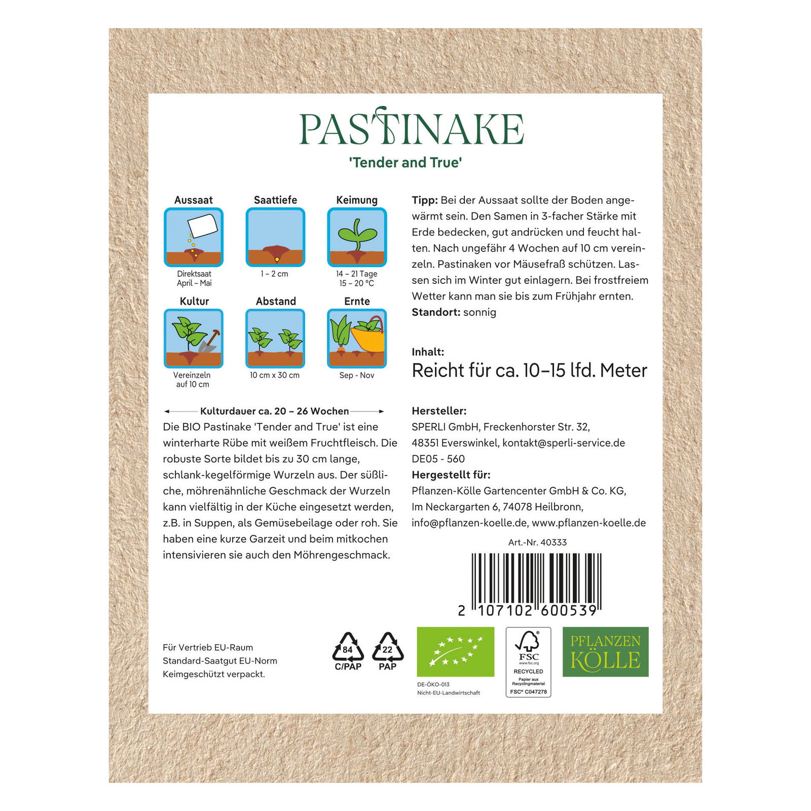 Kölle Bio Saatgut Pastinake 'Tender and True', weiß