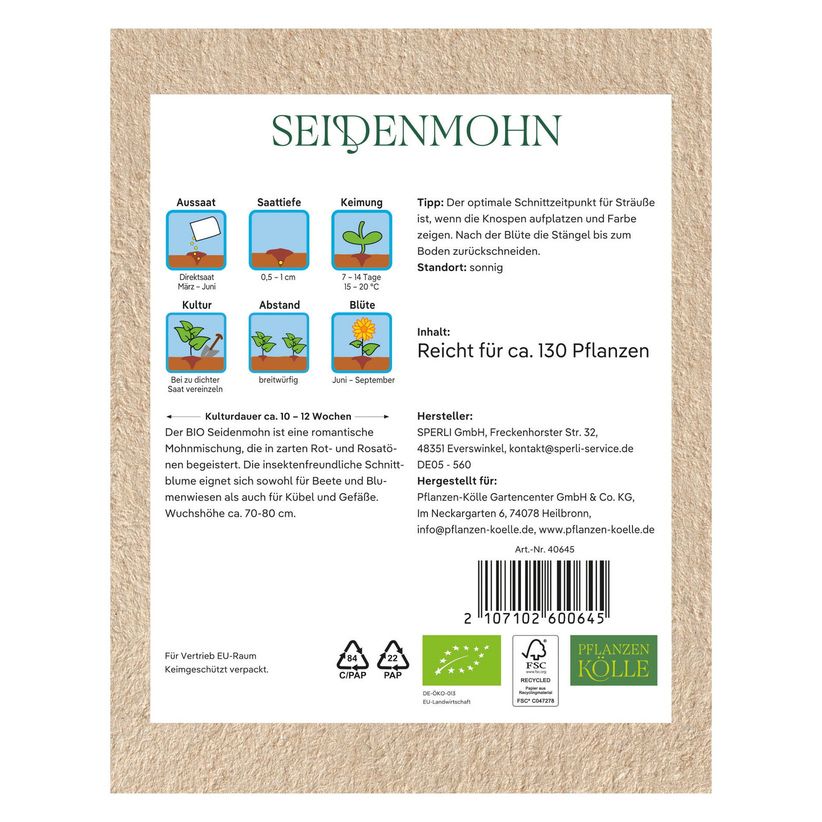 Kölle Bio Saatgut Seidenmohn 'Olympiafeuer', Papaver, rot