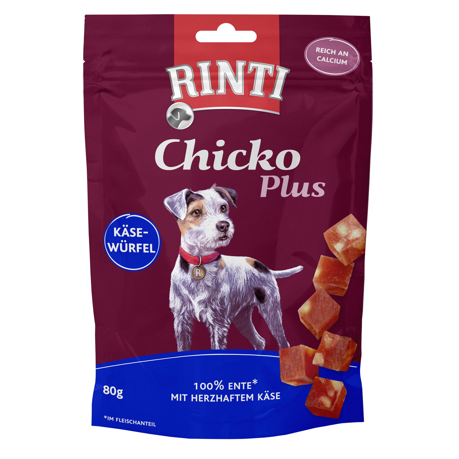 Rinti Extra Chicko Plus, Käsewürfel mit Ente, 80 g