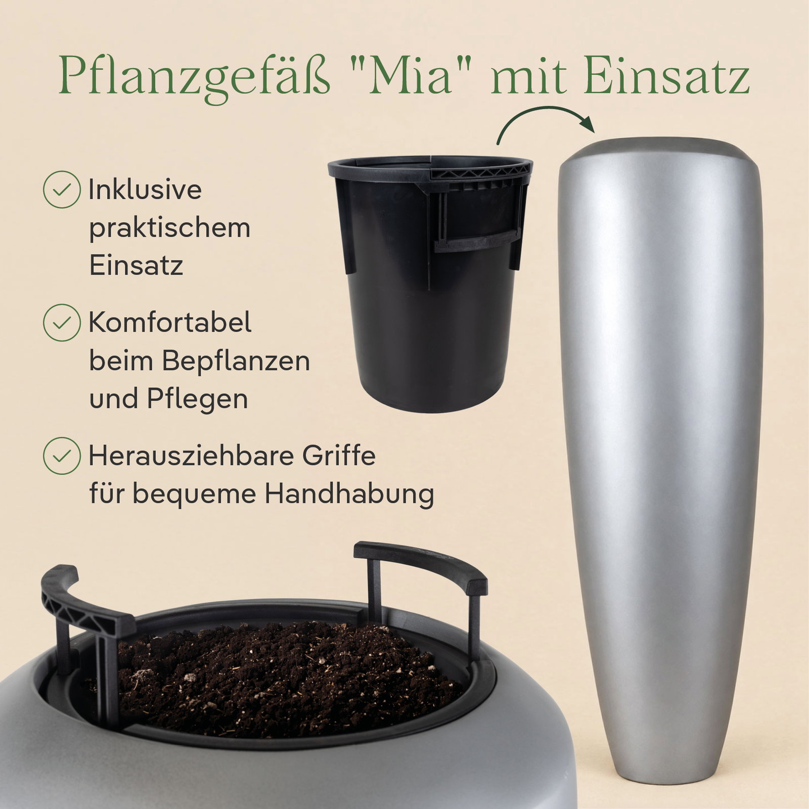 Vazo Übertopf 'Mia' mit Einsatz, silber, ca. Ø 31 x H 100 cm Vazo Übertopf 'Mia' mit Einsatz, silber, ca. Ø 31 x H 100 cm