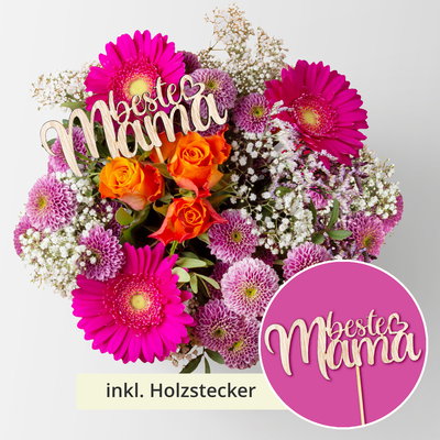 Blumenstrauß 'Orange meets Pink' ink. Stecker 'Beste Mama' handgebunden, Größe M