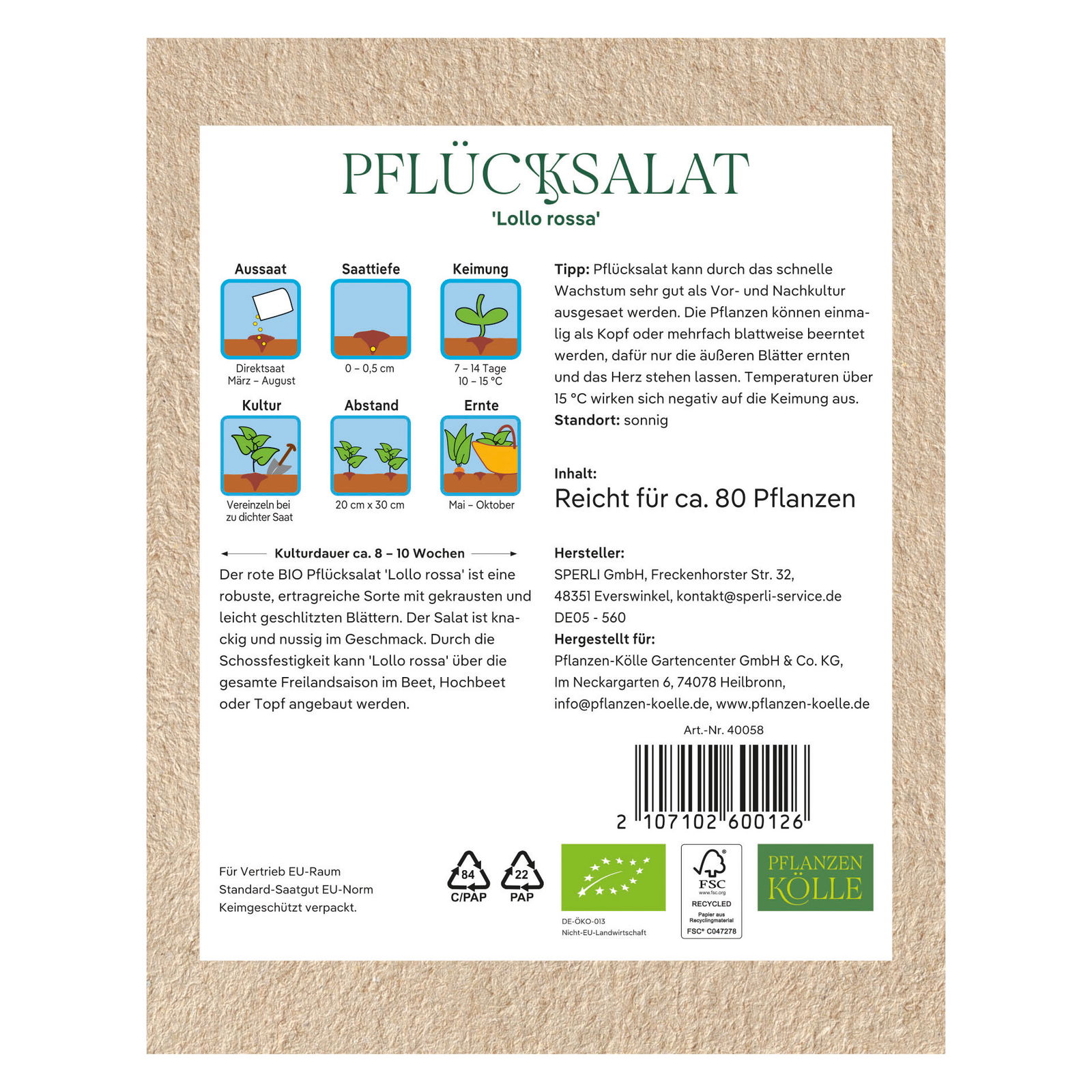 Kölle Bio Gemüsesamen, Pflücksalat 'Lollo rossa'