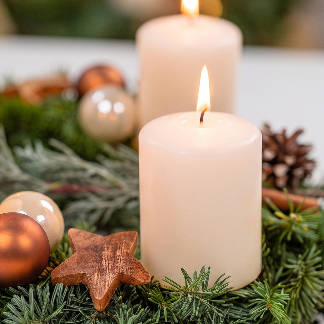 Dekorierter Adventskranz mit Stumpenkerzen in Wollweiß, Nobilistanne, ca 30 cm Ø