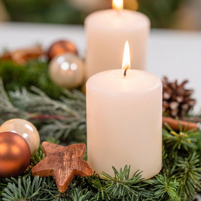 Dekorierter Adventskranz mit Stumpenkerzen in Wollweiß, Nobilistanne, ca 30 cm Ø
