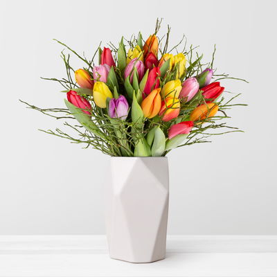 Bunter Schnittblumen-Mix aus 20 Tulpen & Heidelbeere Bunter Schnittblumen-Mix aus 20 Tulpen & Heidelbeere