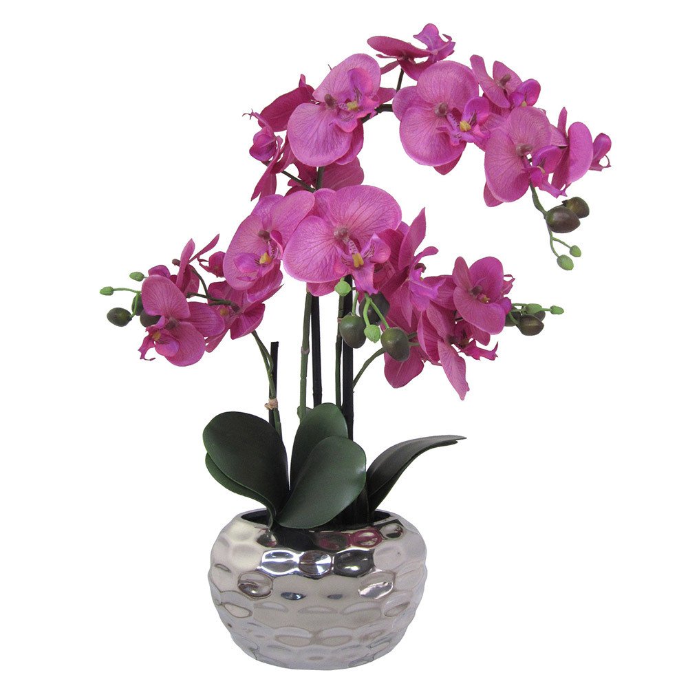 Kunstpflanze Orchidee lila in silberfarbener Ovalschale, ca. 55 cm