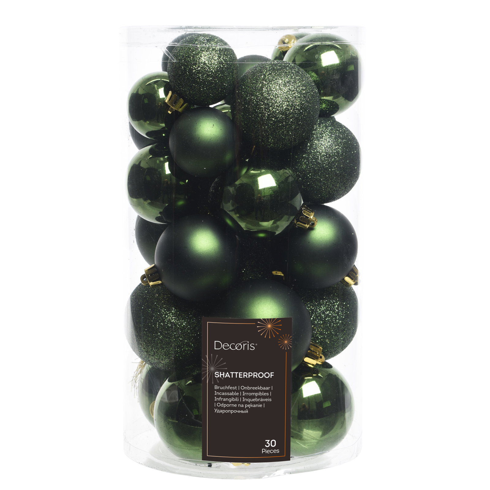 Kugelmix, 30 Kugeln, piniengrün, glanz, matt & glimmernd Kugelmix, 30 Kugeln, piniengrün, glanz, matt & glimmernd