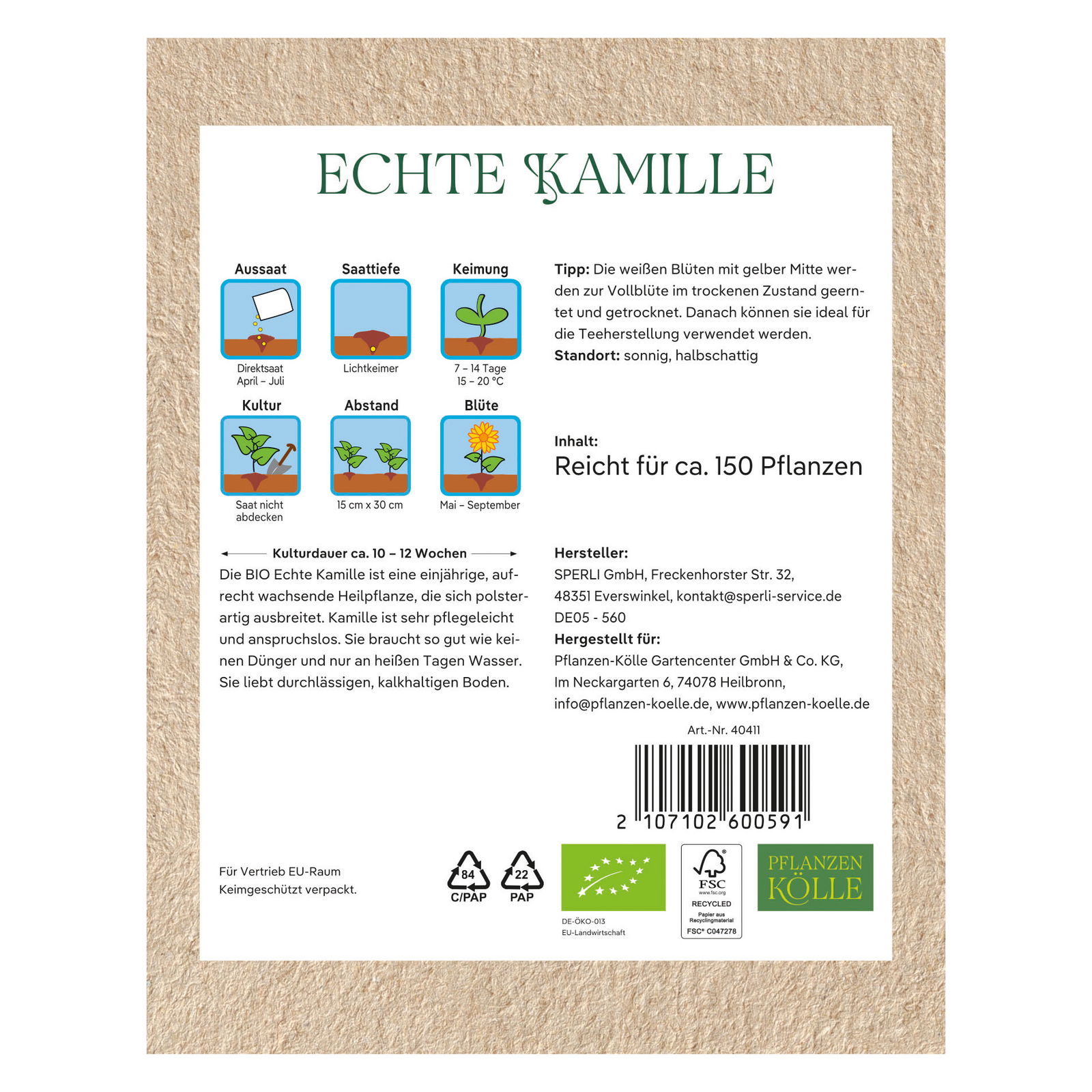 Kölle Bio Saatgut Echte Kamille, weiß/gelb Kölle Bio Saatgut Echte Kamille, weiß/gelb