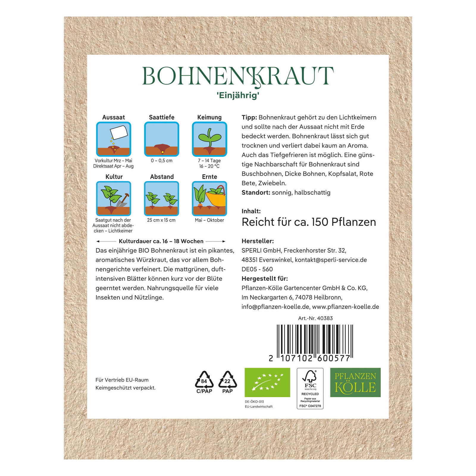 Kölle Bio Saatgut Bohnenkraut, grün