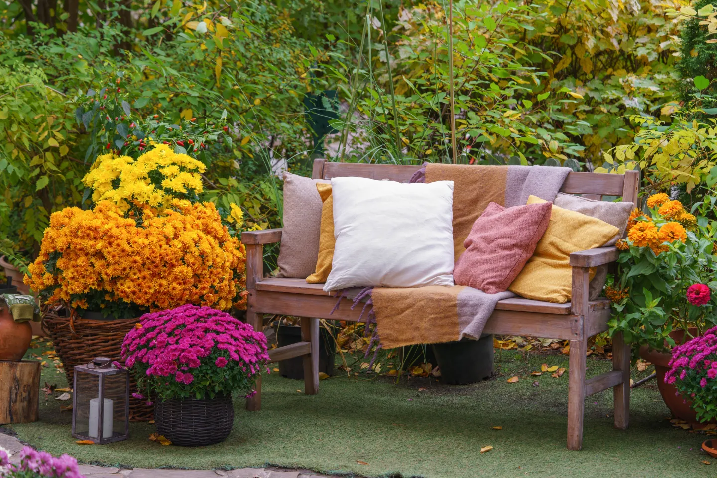 Herbstlicher Garten mit gemütlicher Gartenbank und farbenfrohen Herbstblumen Herbstlicher Garten mit gemütlicher Gartenbank und farbenfrohen Herbstblumen