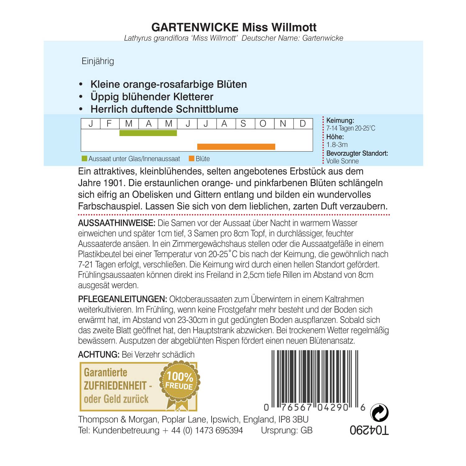Thompson & Morgan Blumensamen Gartenwicke Miss Willmott