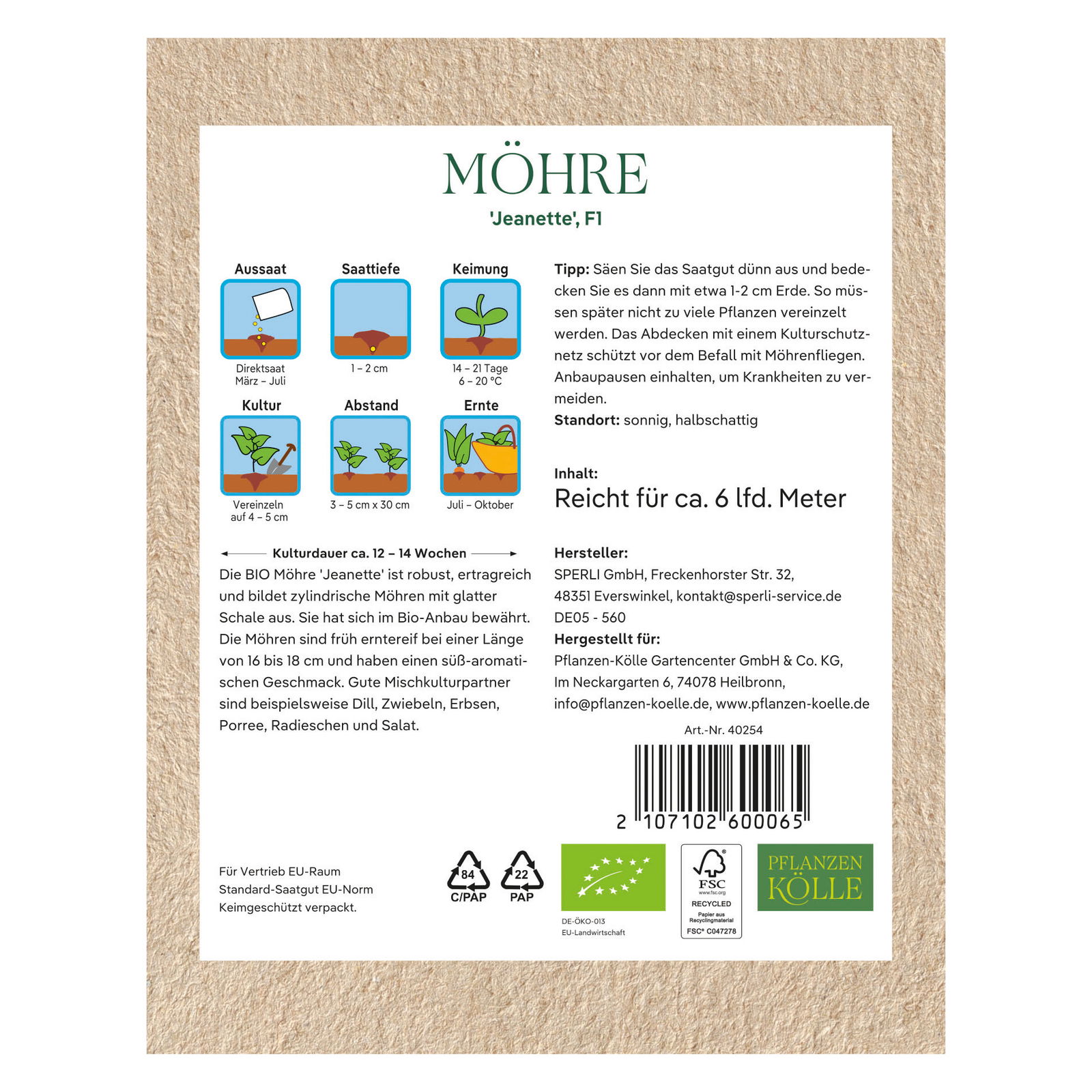 Kölle Bio Gemüsesamen, Möhre 'Jeanette'