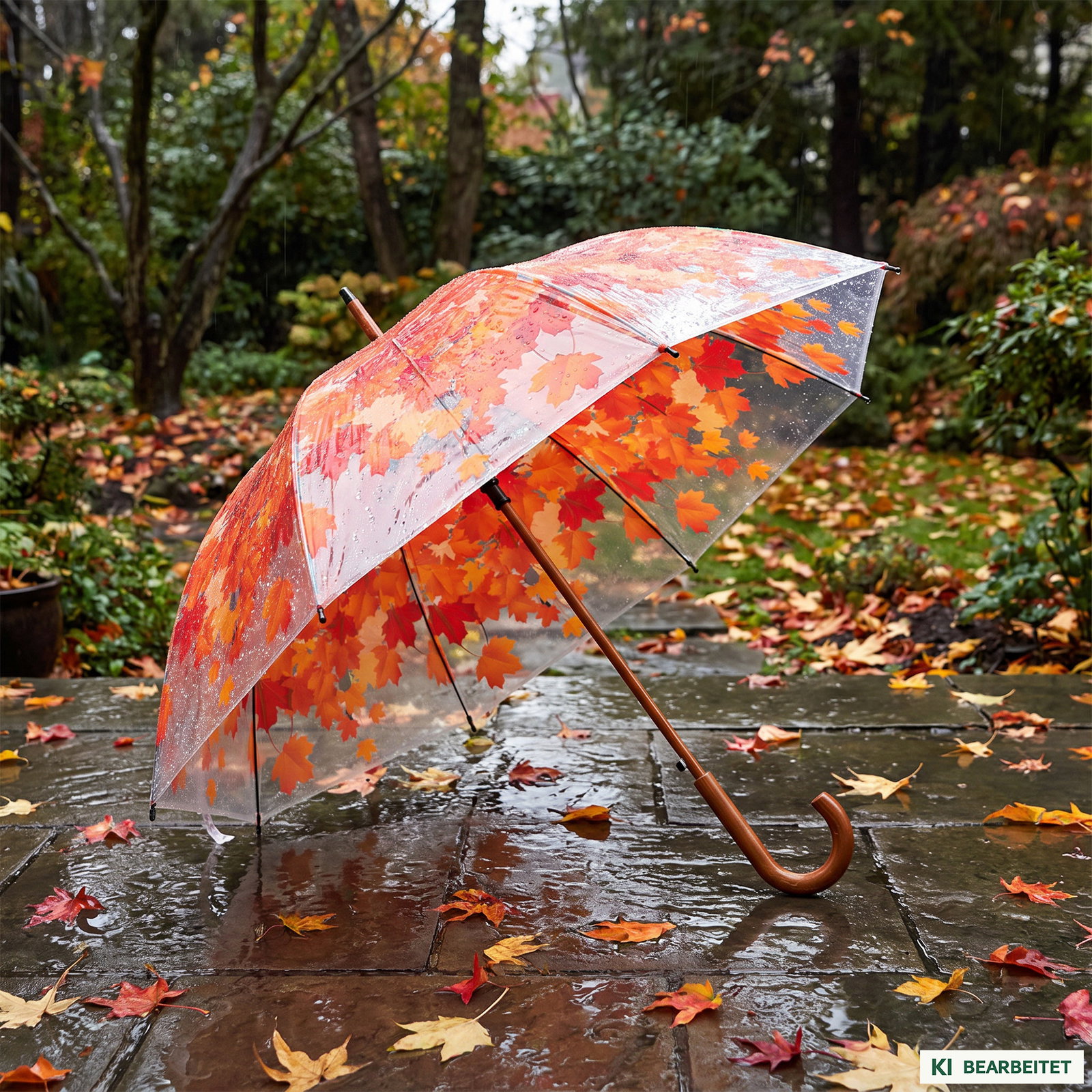 Regenschirm transparent mit herbstlichem Baumkronen-Motiv Regenschirm transparent mit herbstlichem Baumkronen-Motiv