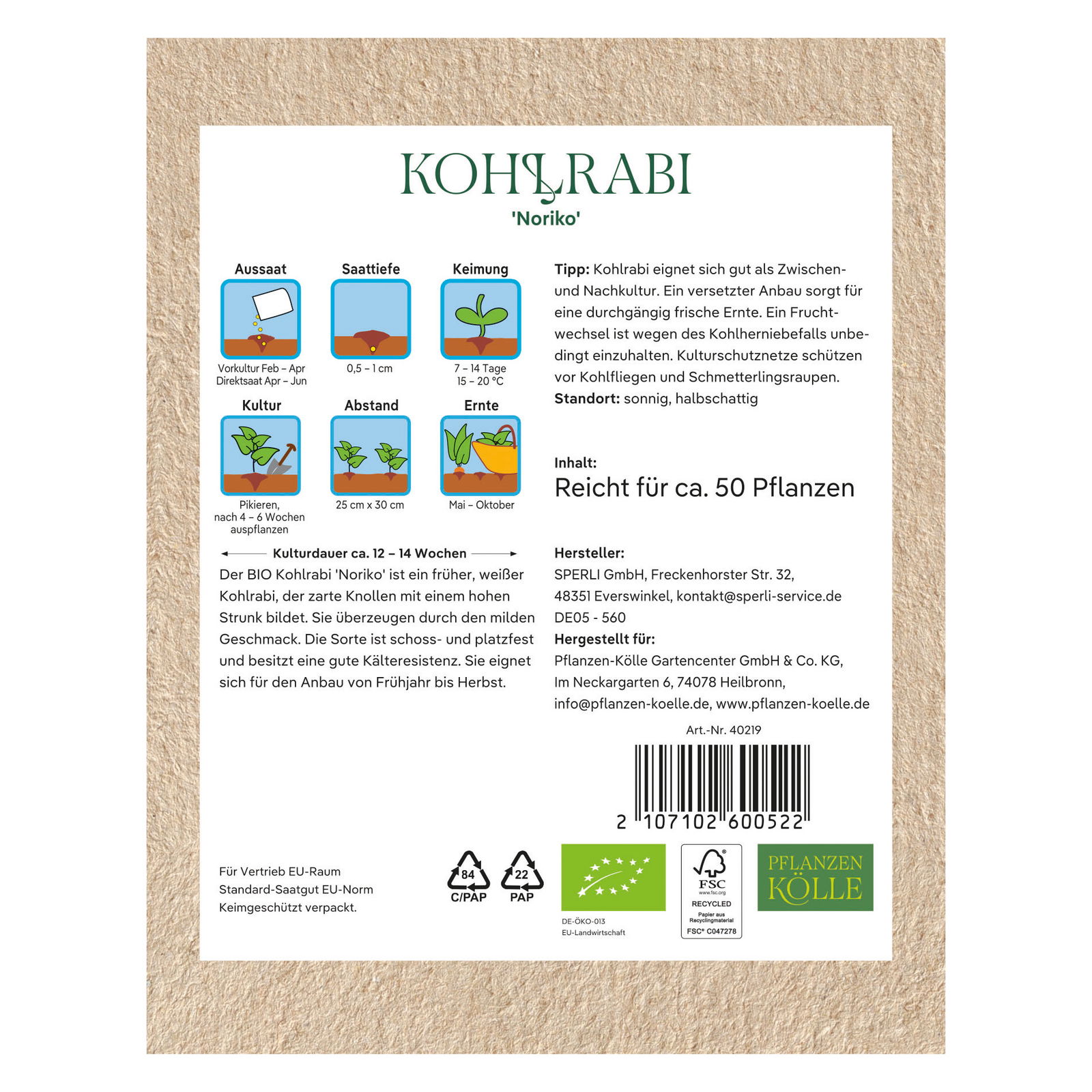 Kölle Bio Saatgut Kohlrabi 'Noriko', weiß