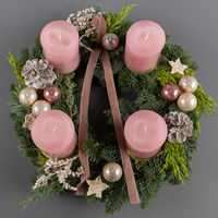 Dekorierter Adventskranz mit Kerzen in Antikrosa, Mix-Grün, ca. 35 cm Ø