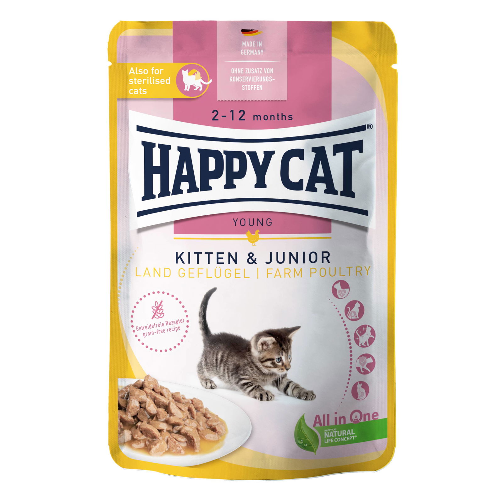 Nassfutter, Happy Cat PB Kitten und Junior, Geflügel in Soße, 85 g