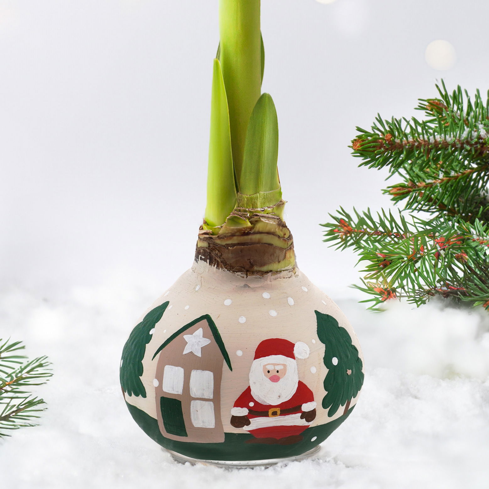 Amaryllis in Wachs, Dekor 'Forest & Nikolaus', handbemalt, Blüte rot