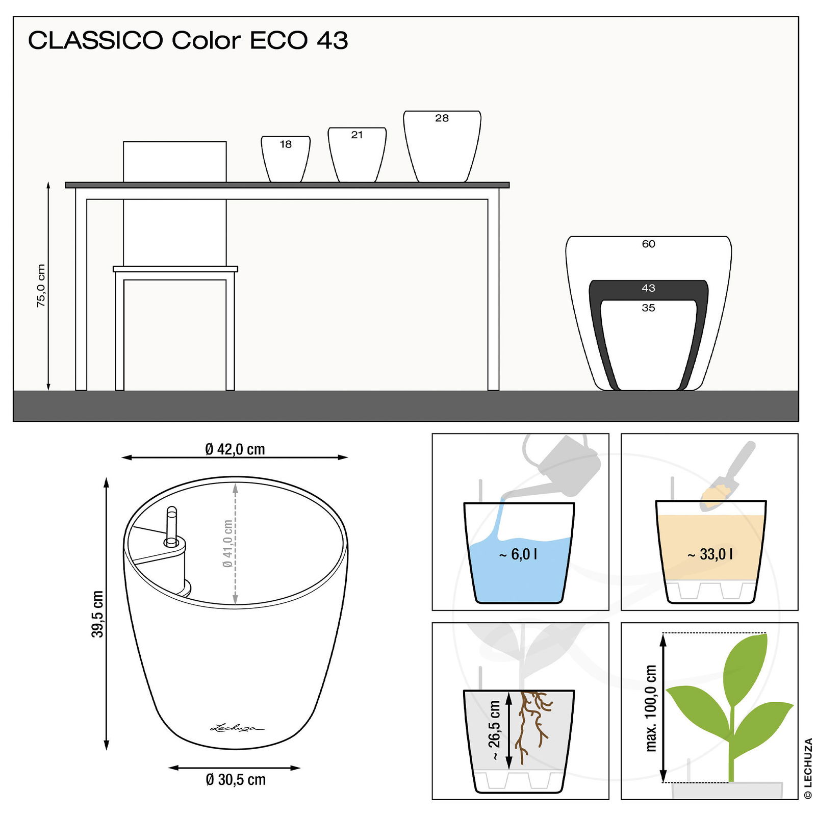 Lechuza 'Classico Color ECO 43', grau, Ø 42 x H 39,5 cm