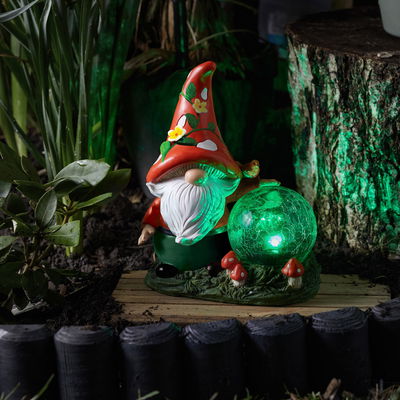 Zwerg mit Solarkugel 'Woodland Wizard', bunt, ca. 30 x 9 x 16 cm