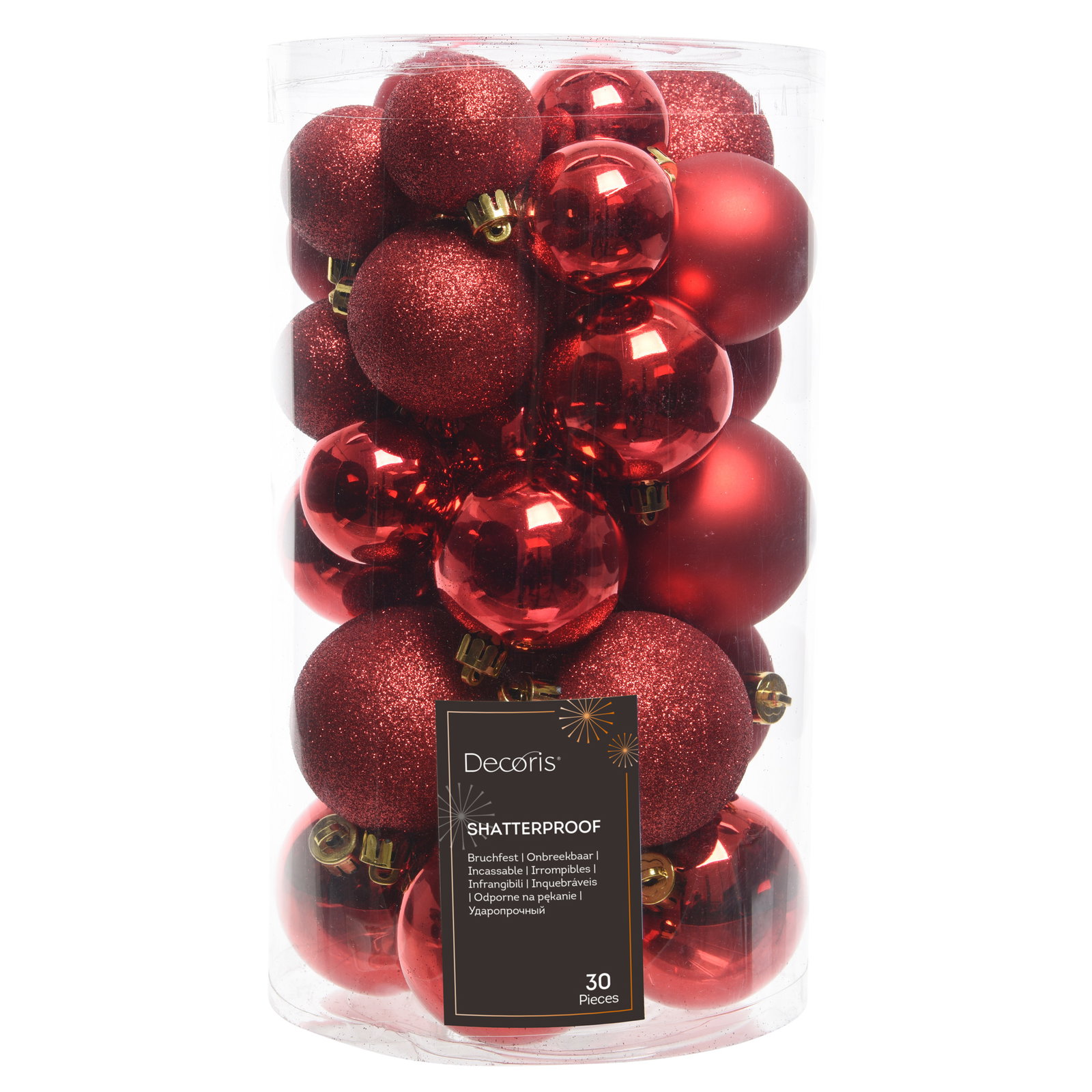 Kugelmix, 30 Kugeln, weihnachtsrot, glänzend, matt & glimmernd Kugelmix, 30 Kugeln, weihnachtsrot, glänzend, matt & glimmernd