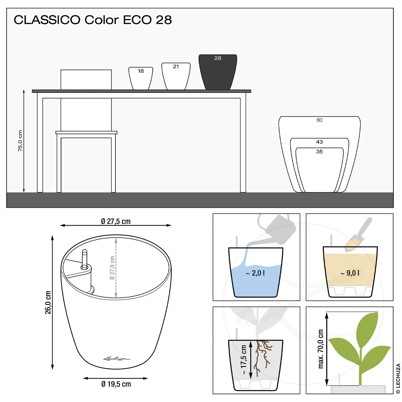 Lechuza 'Classico Color ECO 28', grau, Ø 27,5 x H 26 cm