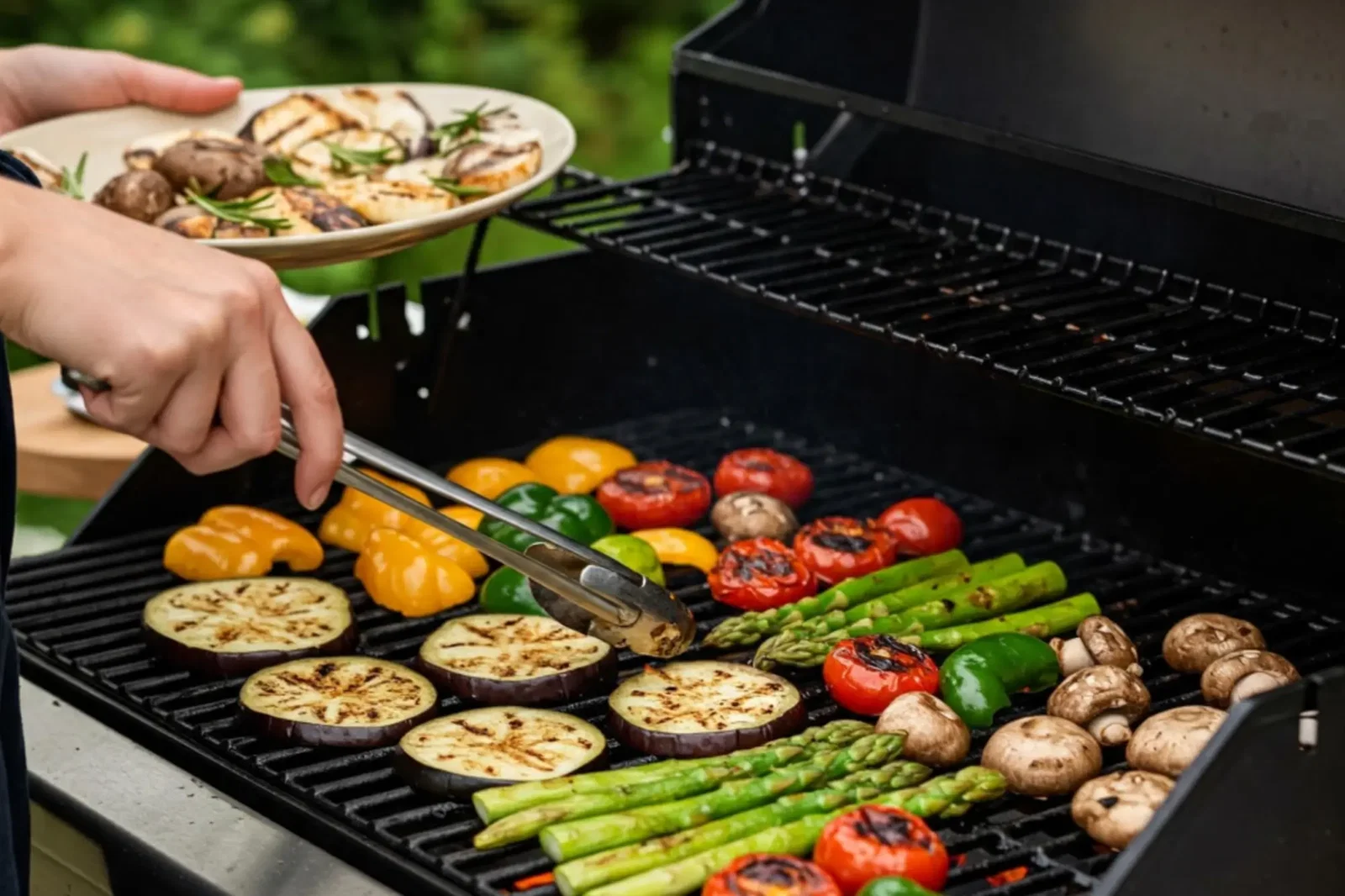 Leckeres Grillgemüse wird mit Grillzange gewendet.