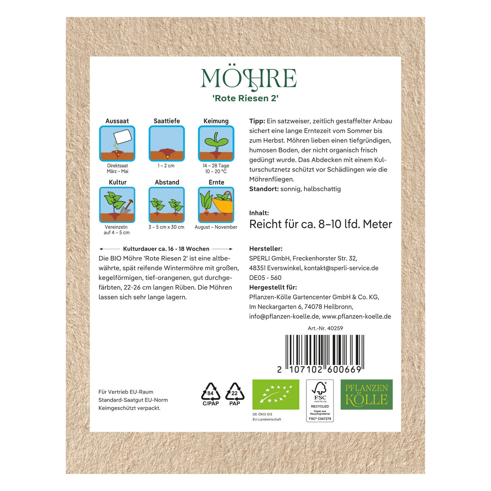 Kölle Bio Saatgut Möhre 'Rote Riesen 2', orange