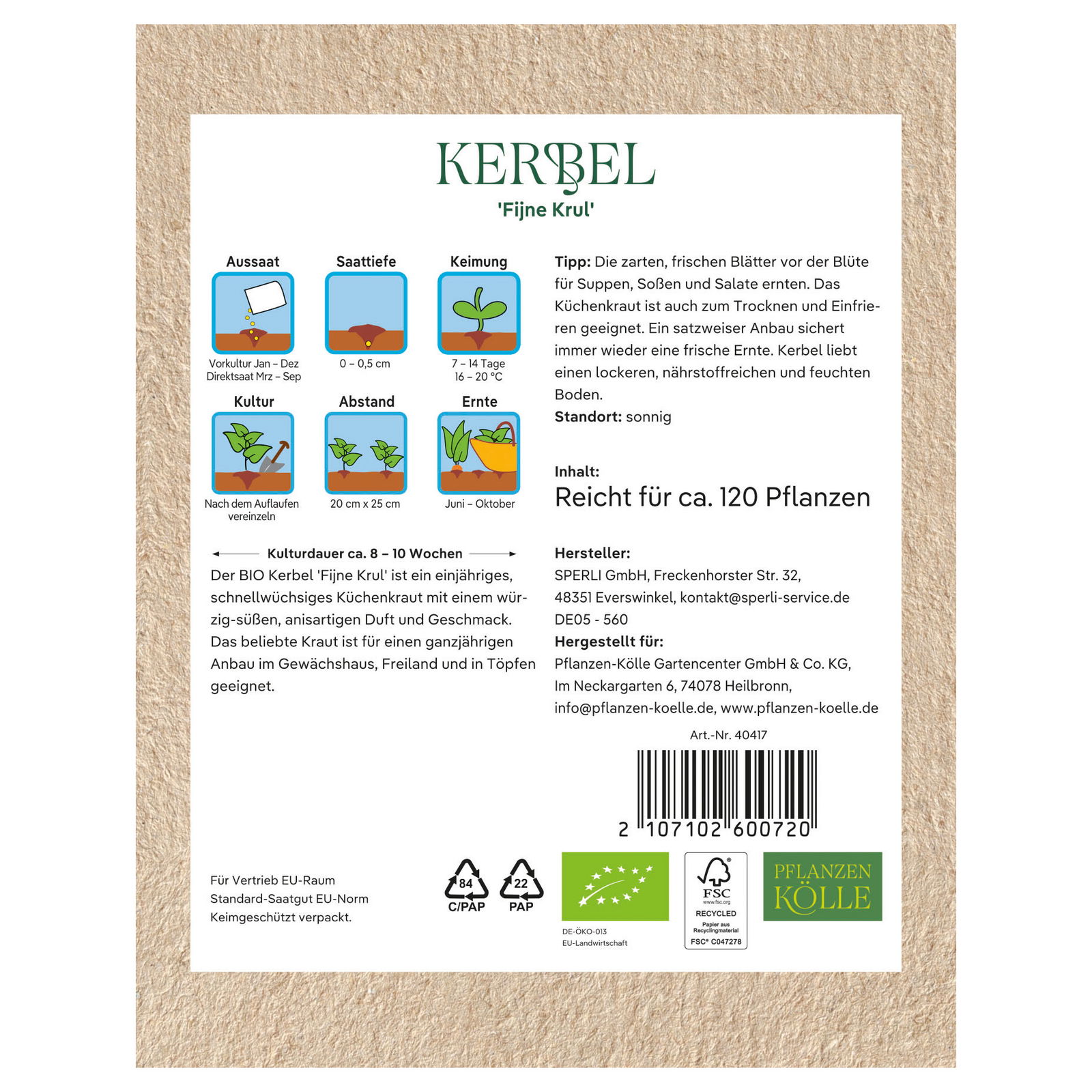 Kölle Bio Saatgut Kerbel 'Fijne Krul', grün Kölle Bio Saatgut Kerbel 'Fijne Krul', grün