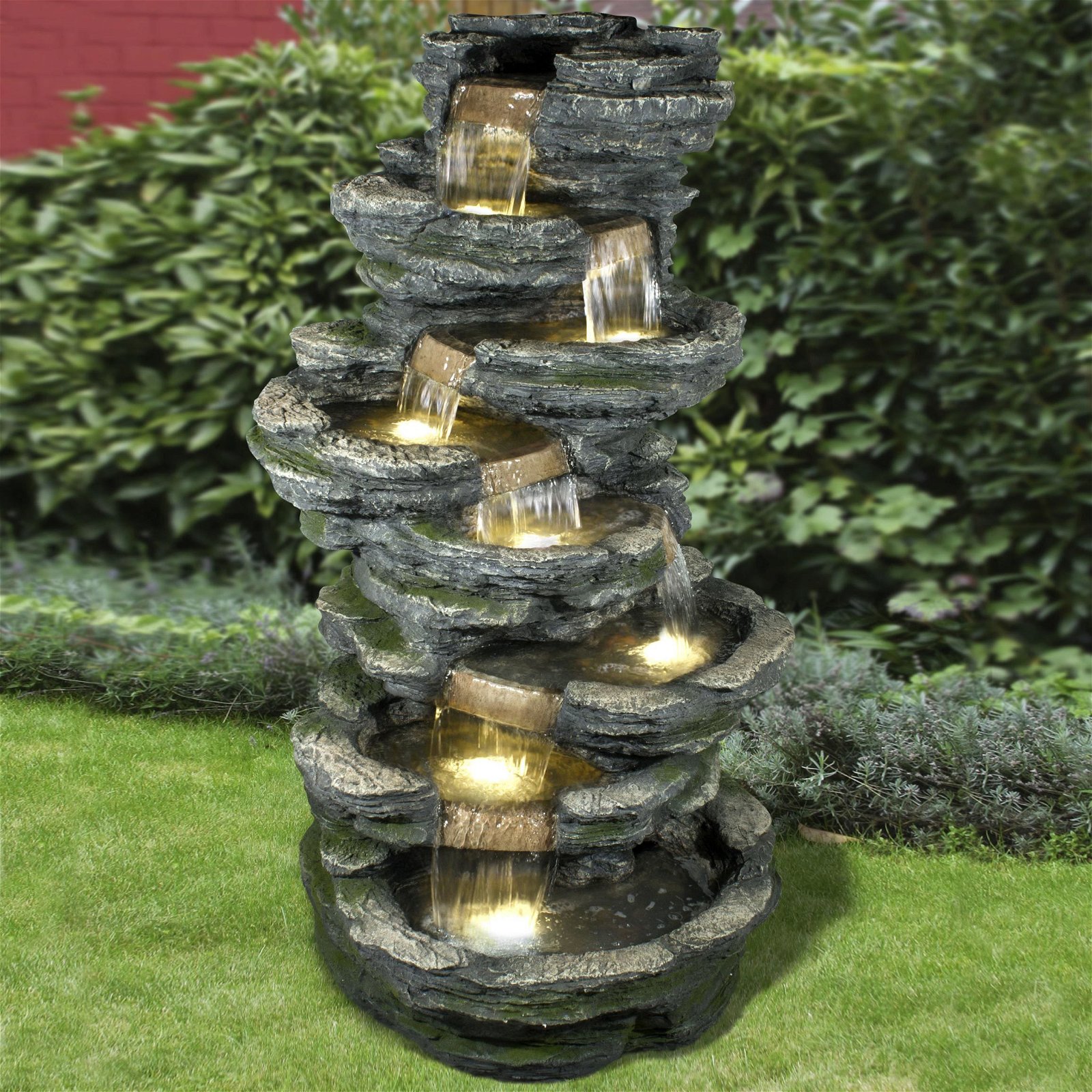 Gartenbrunnen inkl. Pumpe & Licht, Echtholzoptik, 78 x 78 x 147 cm