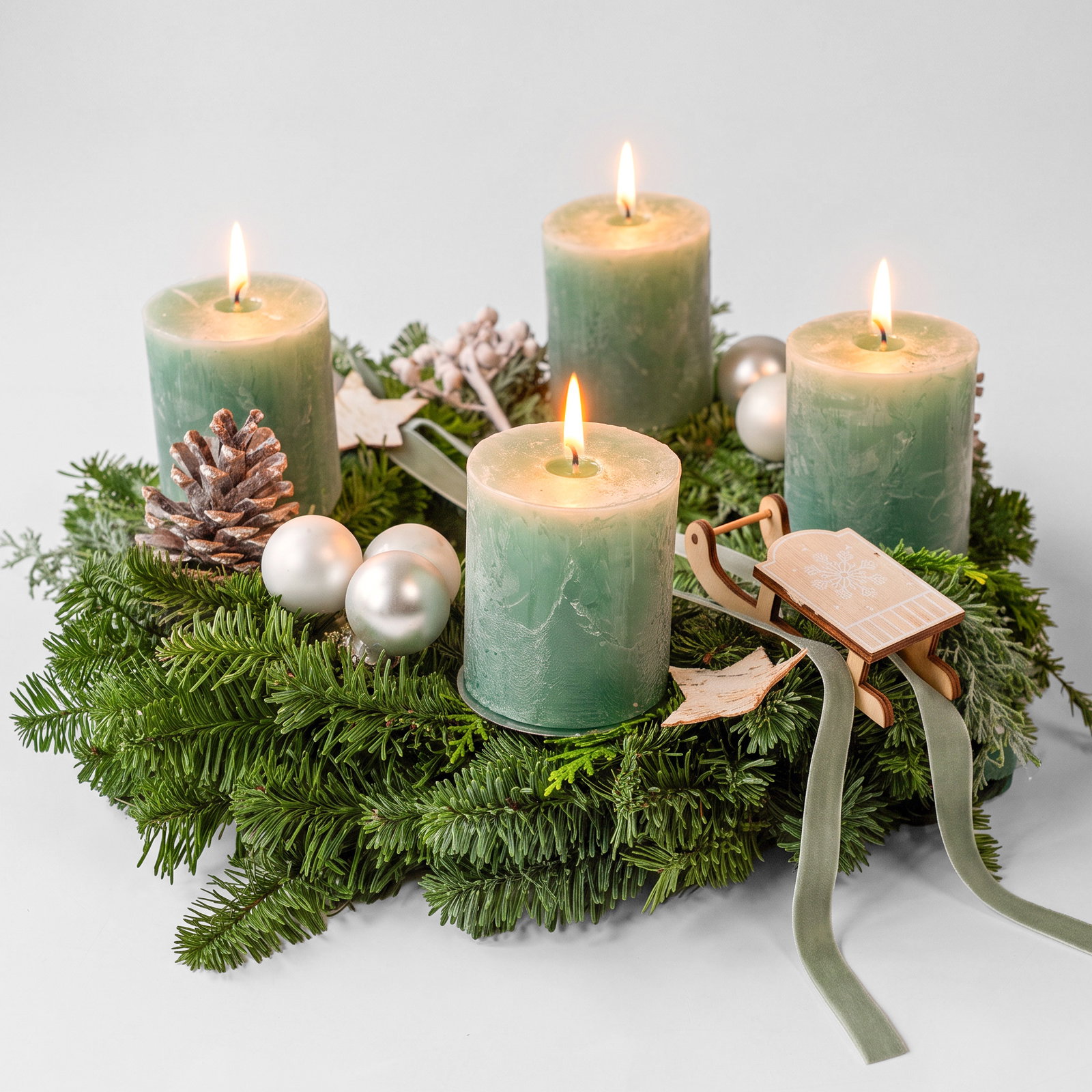 Dekorierter Adventskranz mit Kerzen in Smaragdgrün, Mix-Grün, ca. 35 cm Ø Dekorierter Adventskranz mit Kerzen in Smaragdgrün, Mix-Grün, ca. 35 cm Ø