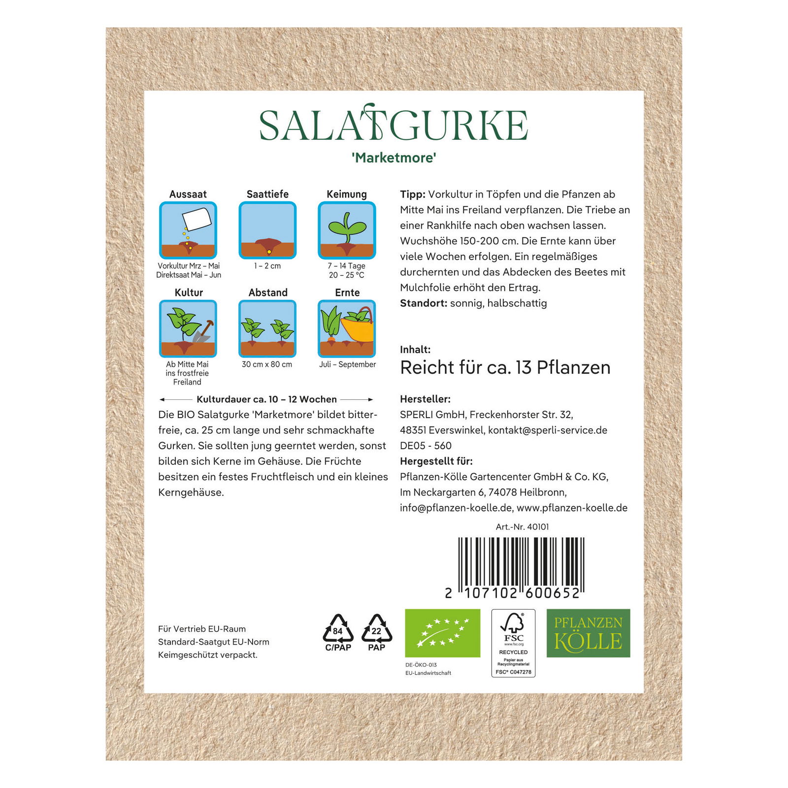 Kölle Bio Saatgut Salatgurke 'Marketmore', grün