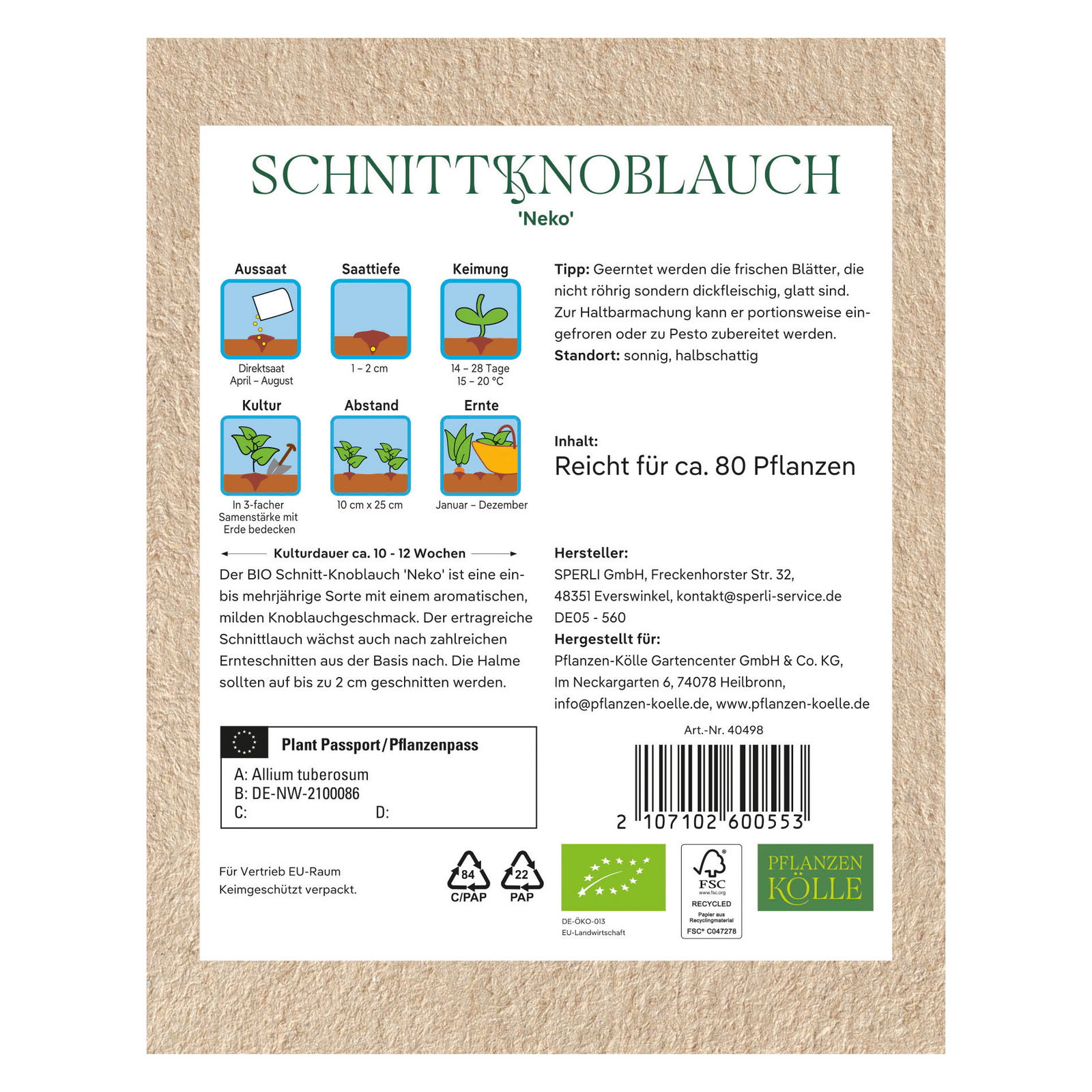 Kölle Bio Saatgut Schnittknoblauch 'Neko', grün