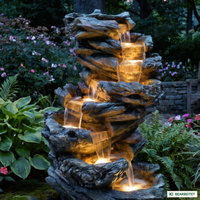Gartenbrunnen mit Warmlicht, Echtholzoptik, 61 x 45 x 102 cm