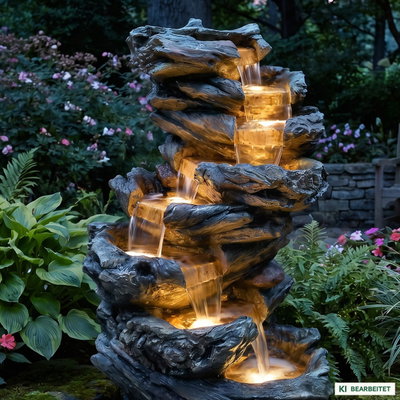 Gartenbrunnen mit Warmlicht, Echtholzoptik, 61 x 45 x 102 cm