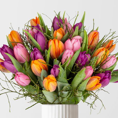 Schnittblumen-Mix aus 30 Tulpen in lila, pink & orange mit Heidelbeere