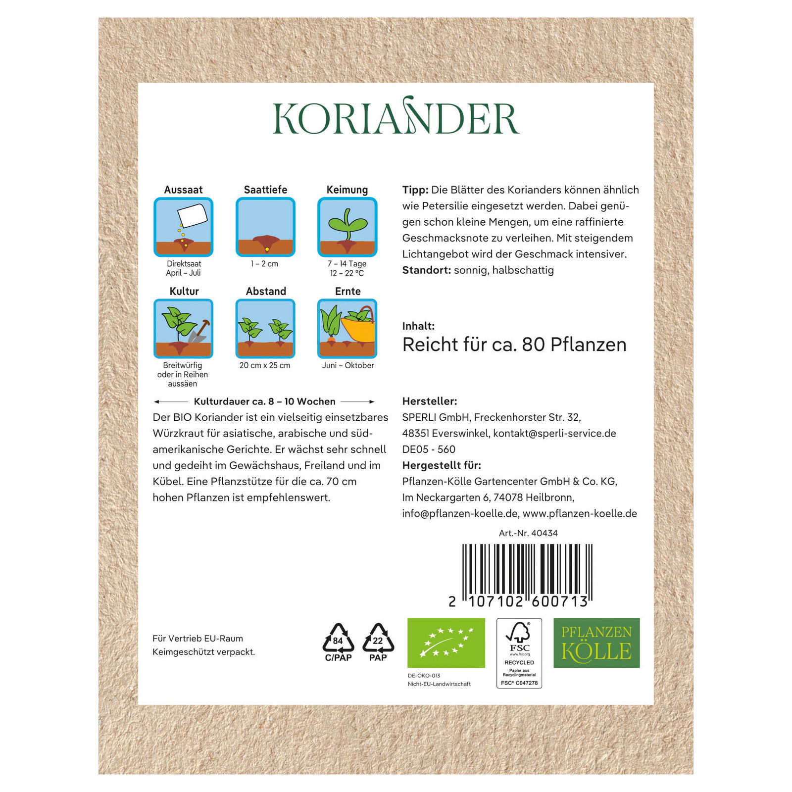 Kölle Bio Saatgut Salatkoriander, grün