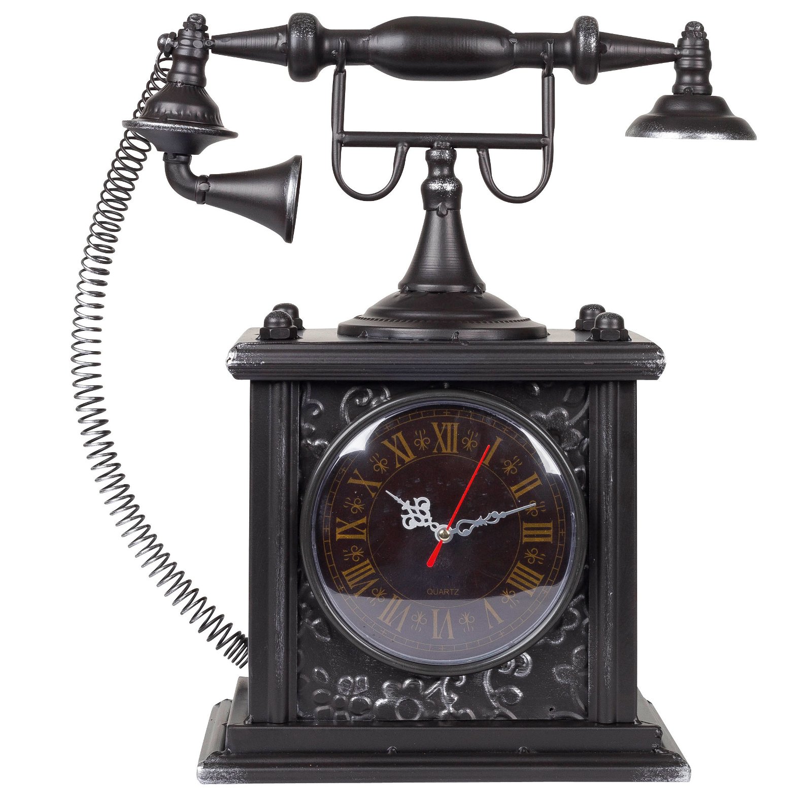 Telefon-Uhr, Metall, schwarz, römische Zahlen