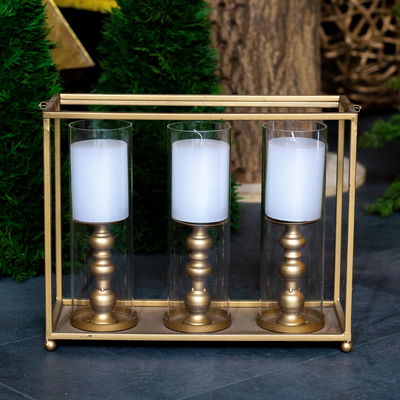 Laterne mit 3 Gläsern, gold, Metall, 39,5 x 16 x 29,5 cm Laterne mit 3 Gläsern, gold, Metall, 39,5 x 16 x 29,5 cm