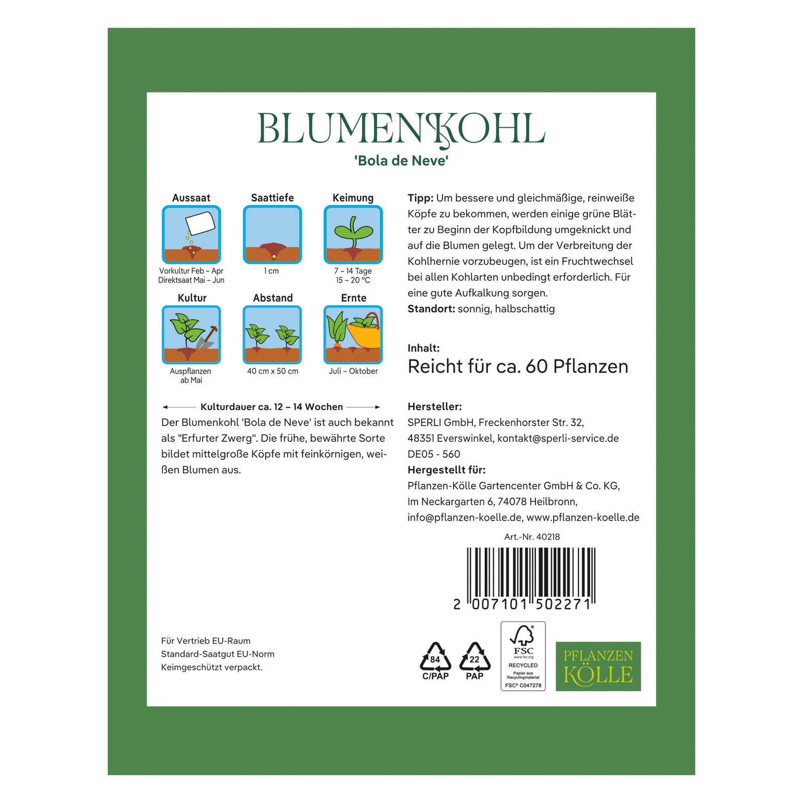 Kölles Beste Gemüsesamen, Blumenkohl 'Bola de Neve'