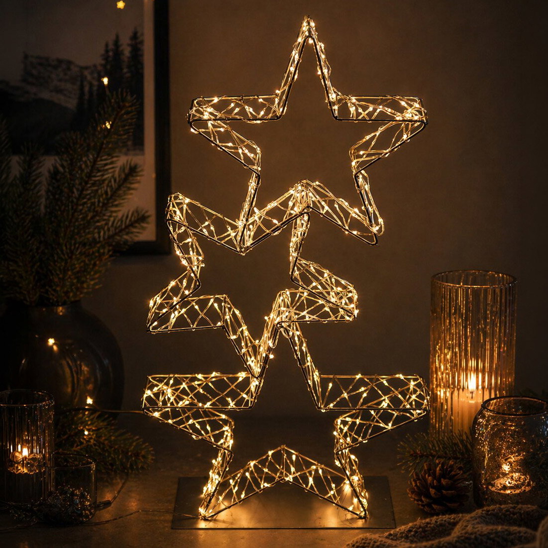 LED Sterne auf Fuß, 400 LEDs, gold, warmweiß, Höhe ca. 58 cm LED Sterne auf Fuß, 400 LEDs, gold, warmweiß, Höhe ca. 58 cm
