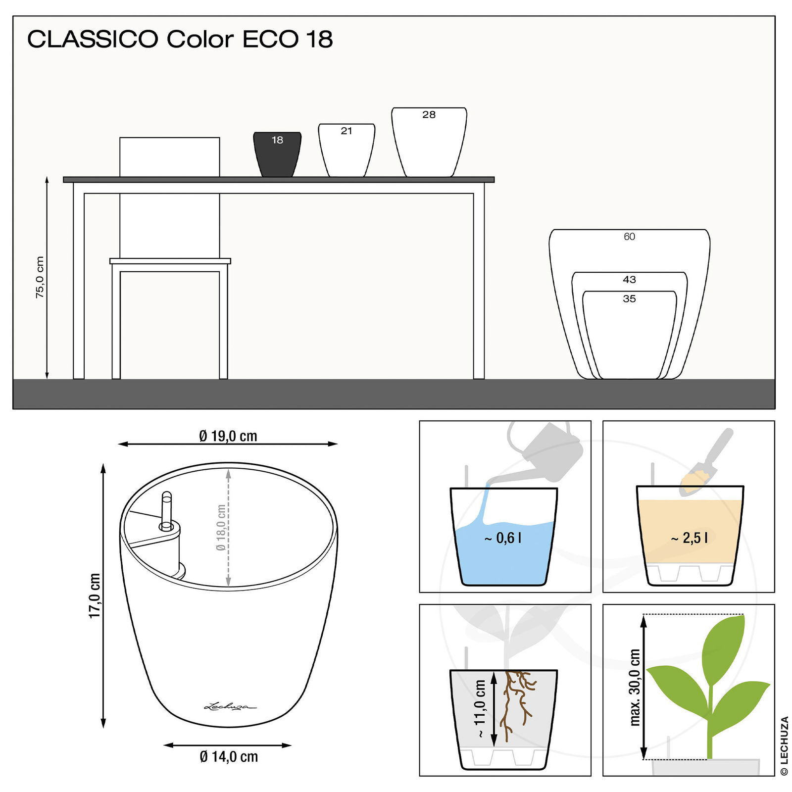 Lechuza 'Classico Color ECO 18', dunkelgrau, Ø 19 x H 17 cm