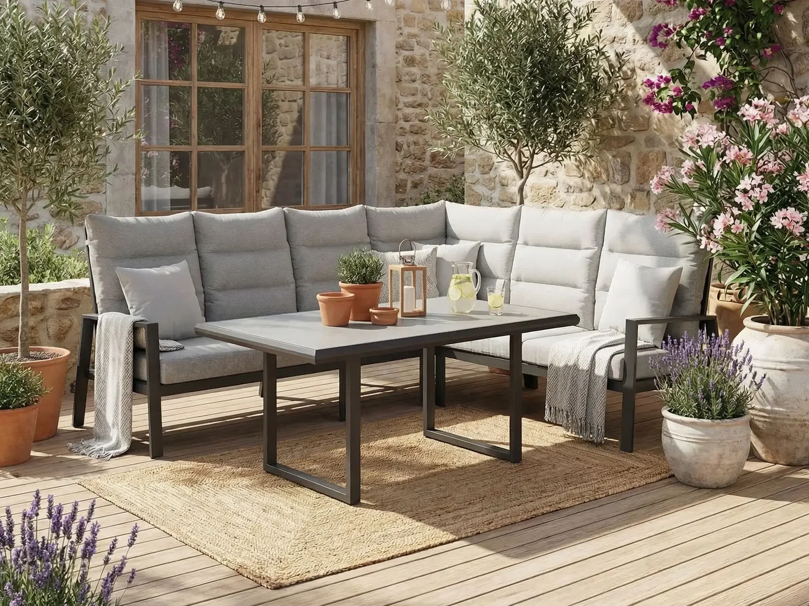 Mediterrane Terrasse mit Eckgartenlounge Kreta fünfteilig und mediterranen Kübelpflanzen wie Olivenbäume, Oleander & Lavendel.