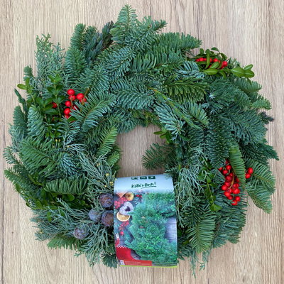Adventskranz, Mix-Grün mit roten Beeren, halbrund gebunden, ca. 35 cm Ø Adventskranz, Mix-Grün mit roten Beeren, halbrund gebunden, ca. 35 cm Ø