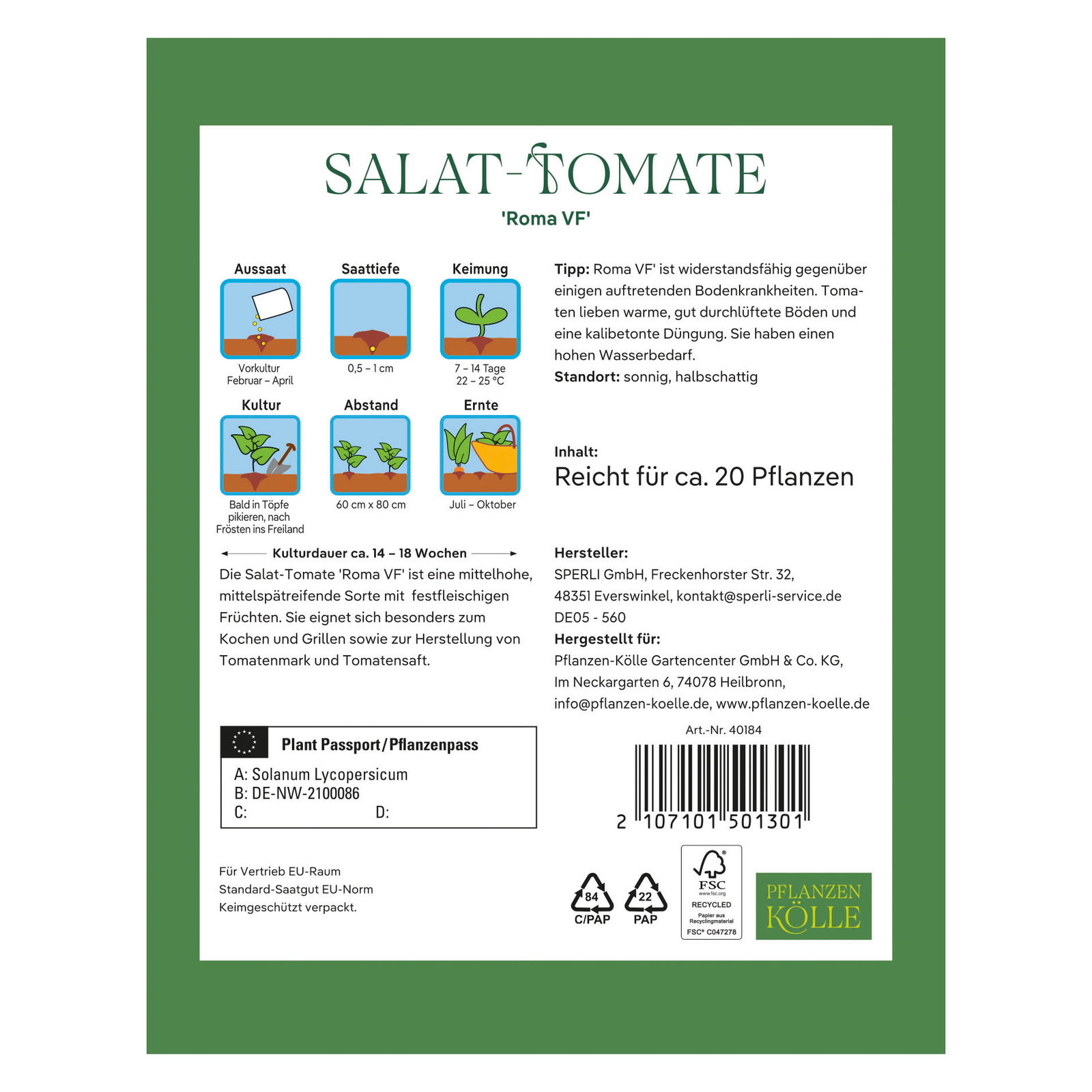 Kölles Beste Gemüsesamen, Salattomate 'Roma VF'