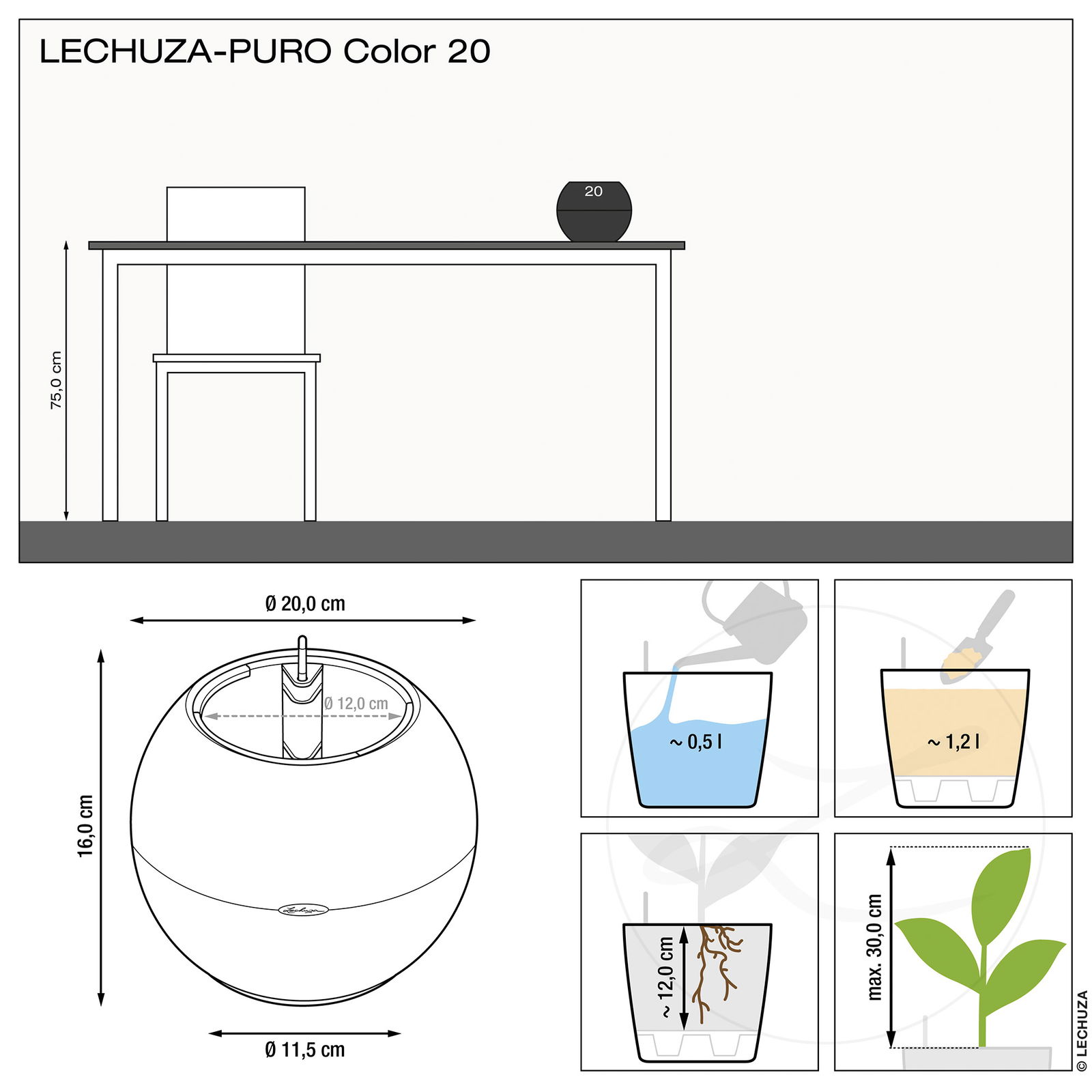 Lechuza® 'Puro Color 20', schiefergrau, Ø 20 x H 16 cm