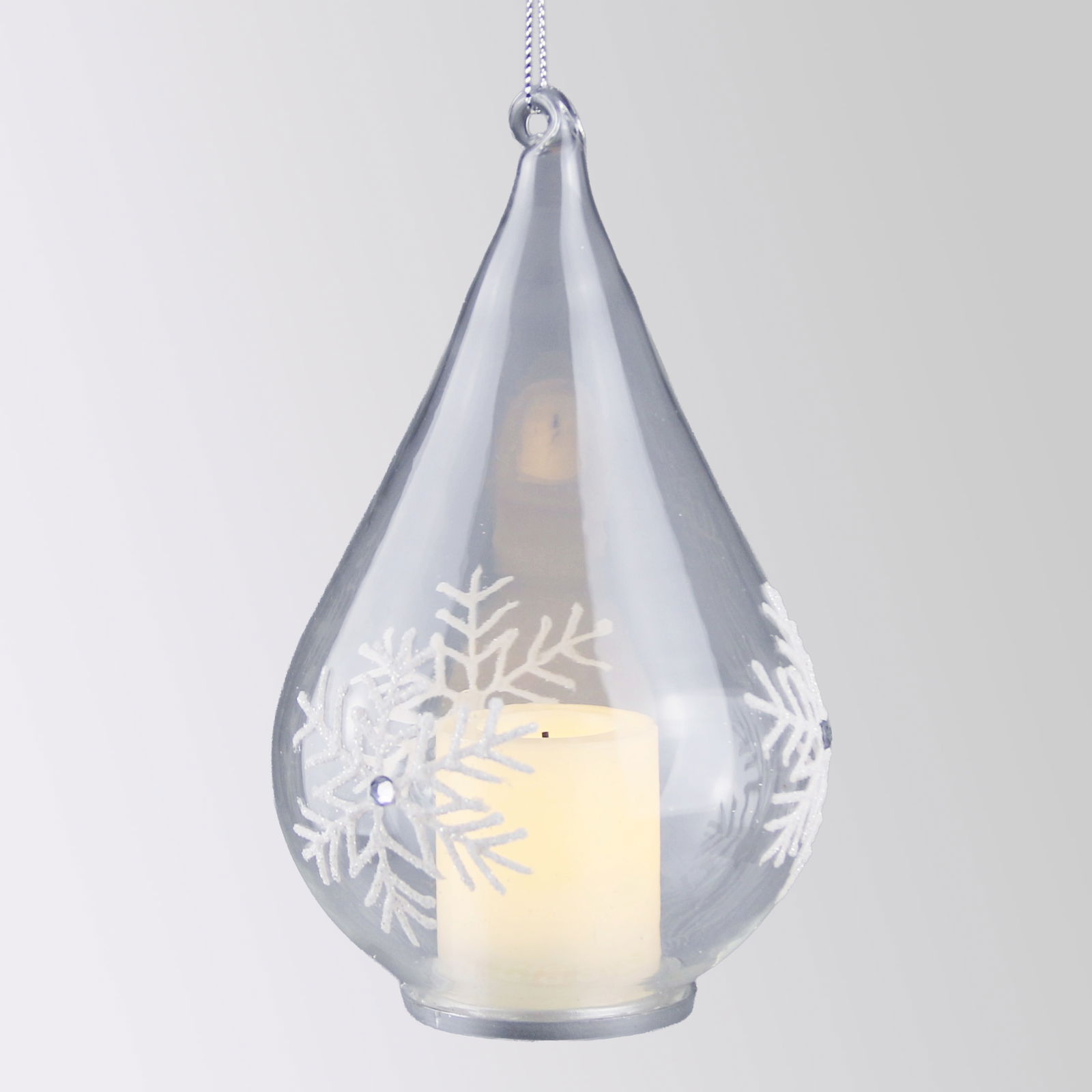 LED-Glastropfen mit Kerze & Schneeflocken, H 15 x Ø 9 cm LED-Glastropfen mit Kerze & Schneeflocken, H 15 x Ø 9 cm